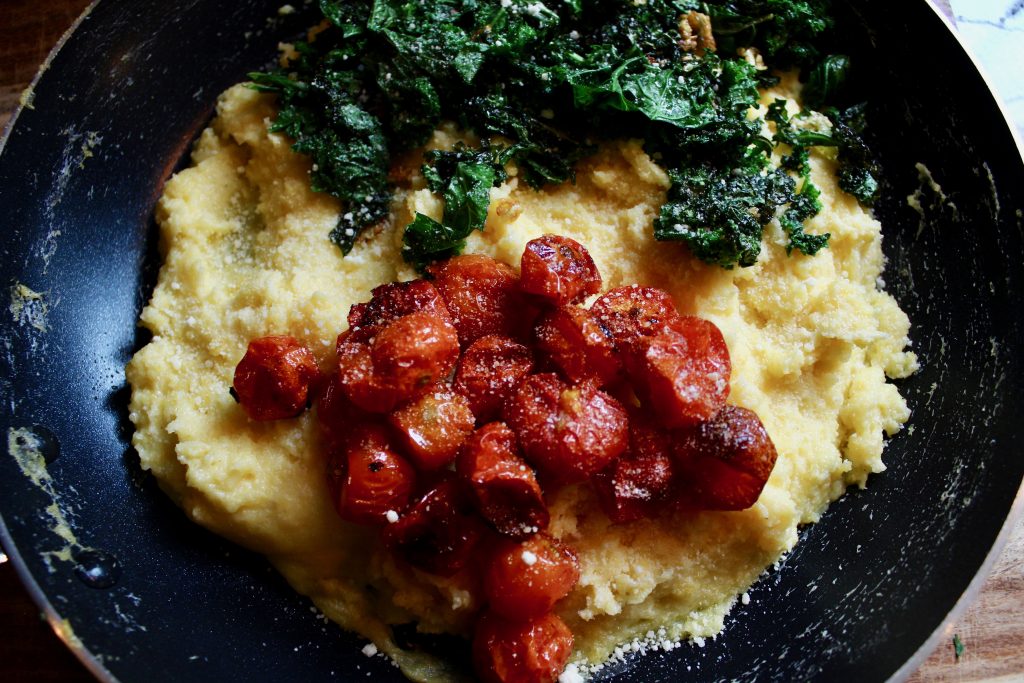 Polenta With Roasted Tomatoes, Goat Cheese + Sautéed Kale