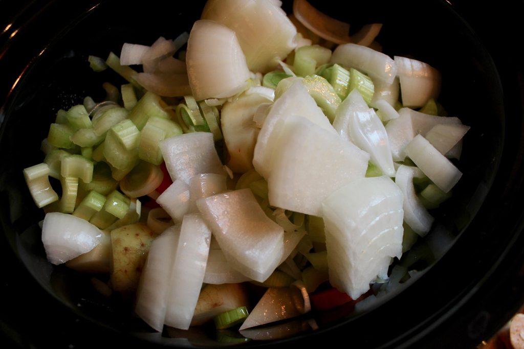 Slow Cooked Chicken Sausage + Vegetables