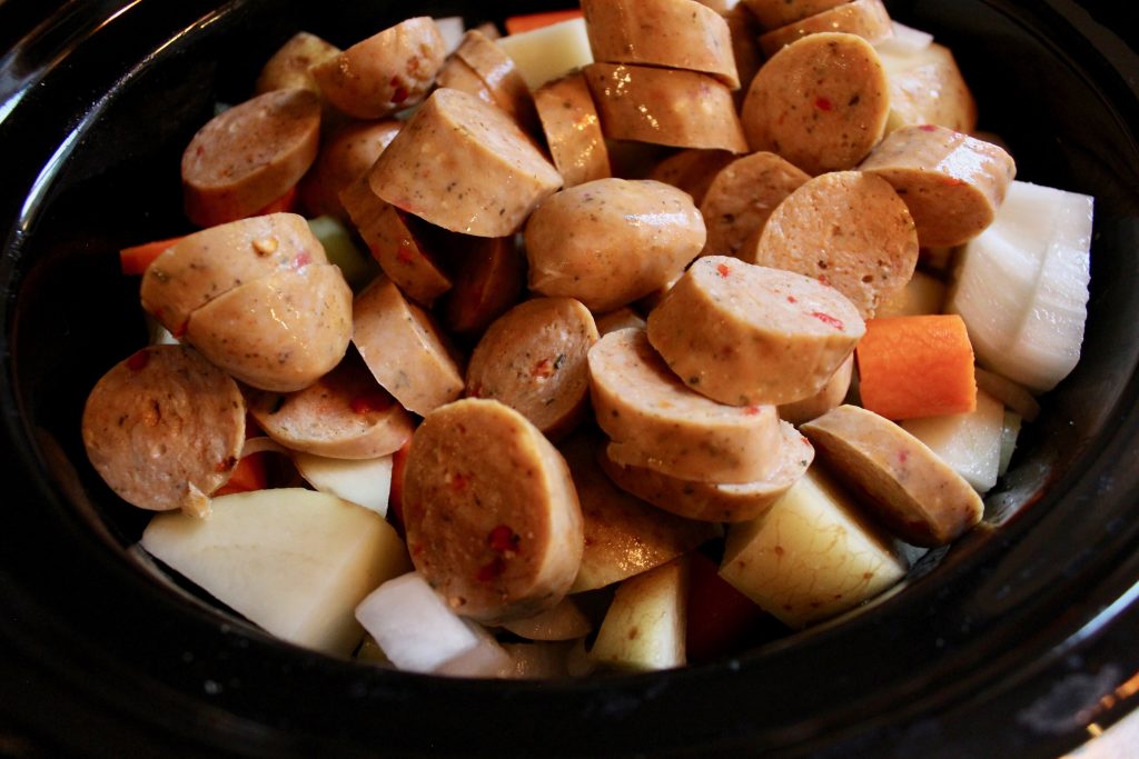 Slow Cooked Chicken Sausage + Vegetables