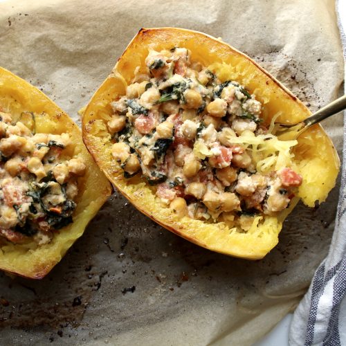 Creamy Kale And Chickpea Stuffed Spaghetti Squash