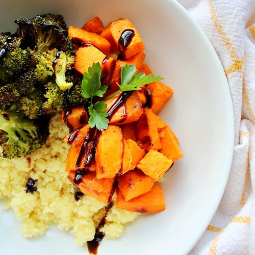 Roasted Broccoli And Sweet Potatoes With Couscous