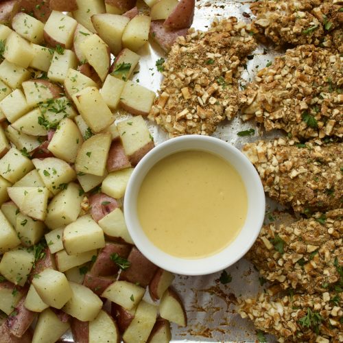 Sheet Pan Honey Mustard Pretzel Chicken & Potatoes